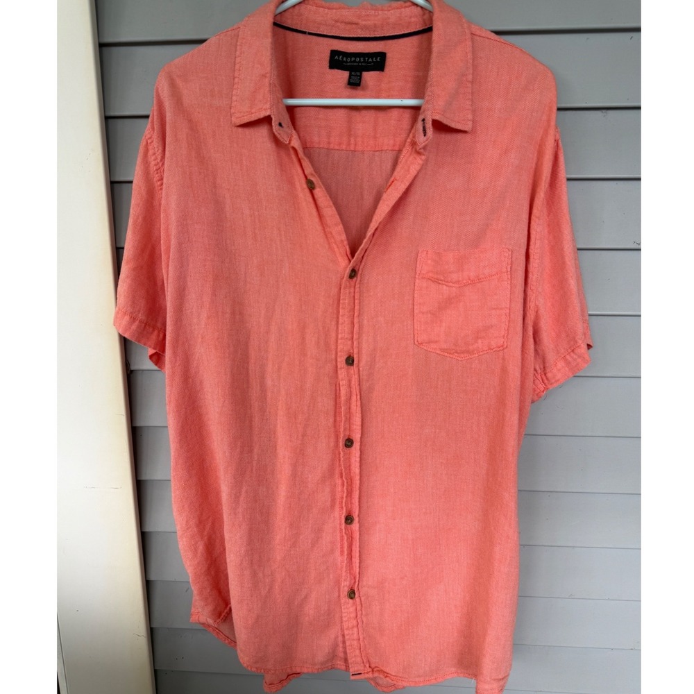 Aeropostale Mens Short Sleeve Button Down‎ Shirt Coral Orange Pink XL 7753